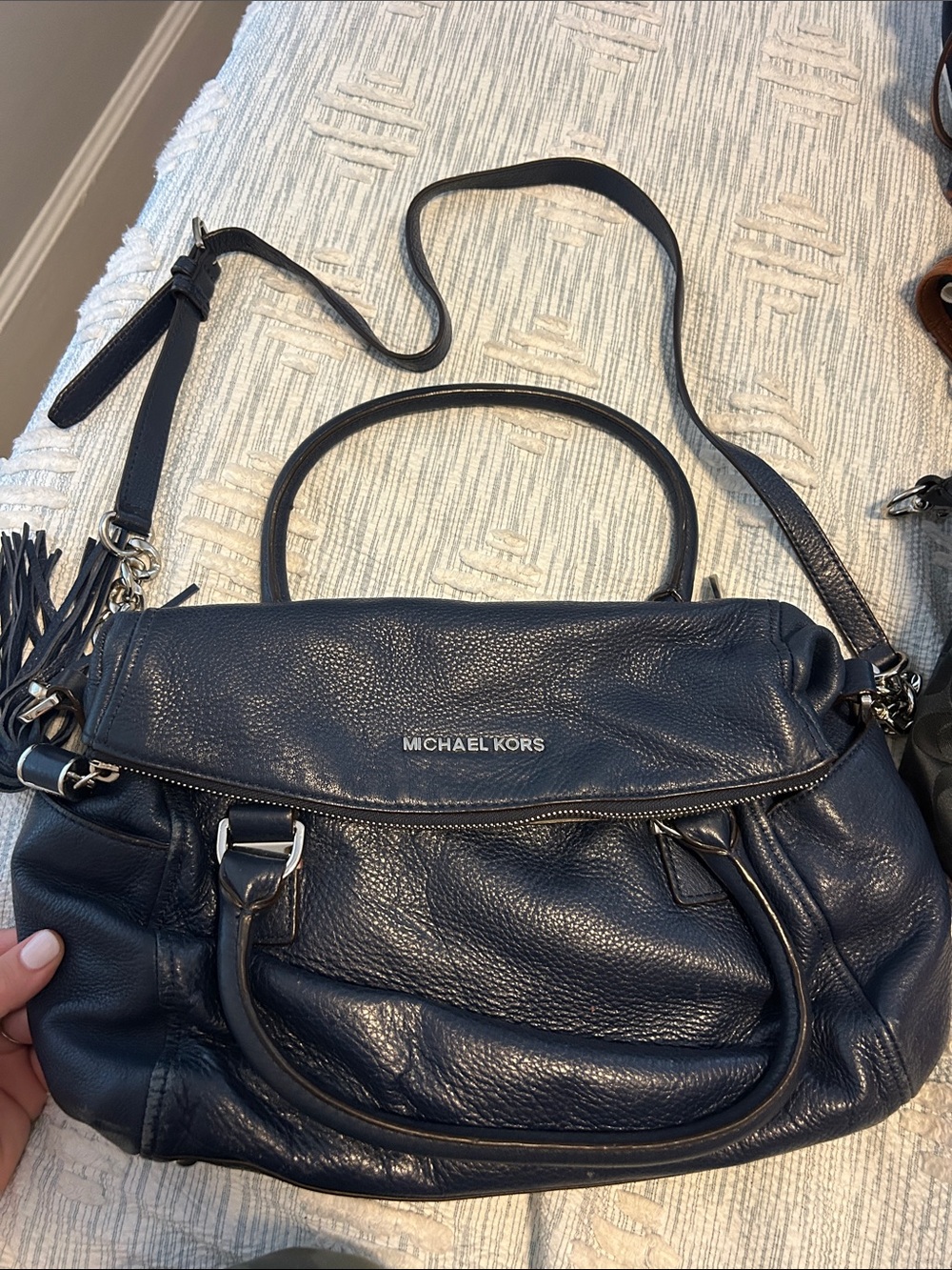 Michael Kors Navy Leather Convertible Shoulder Bag with Tassel